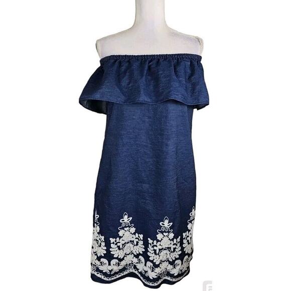 Beige By Eci ~Woman Size S~ Blue/White Embroidered Off-Shoulder Dress Unlined. - Picture 1 of 9
